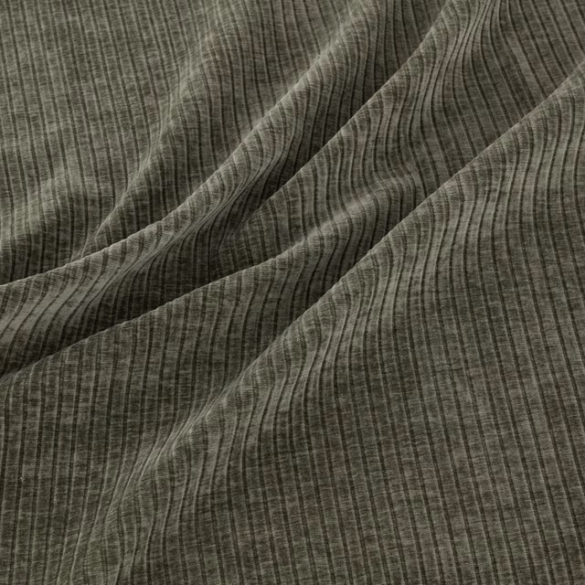 Deep olive-charcoal fabric with fine vertical striations and soft rippled folds