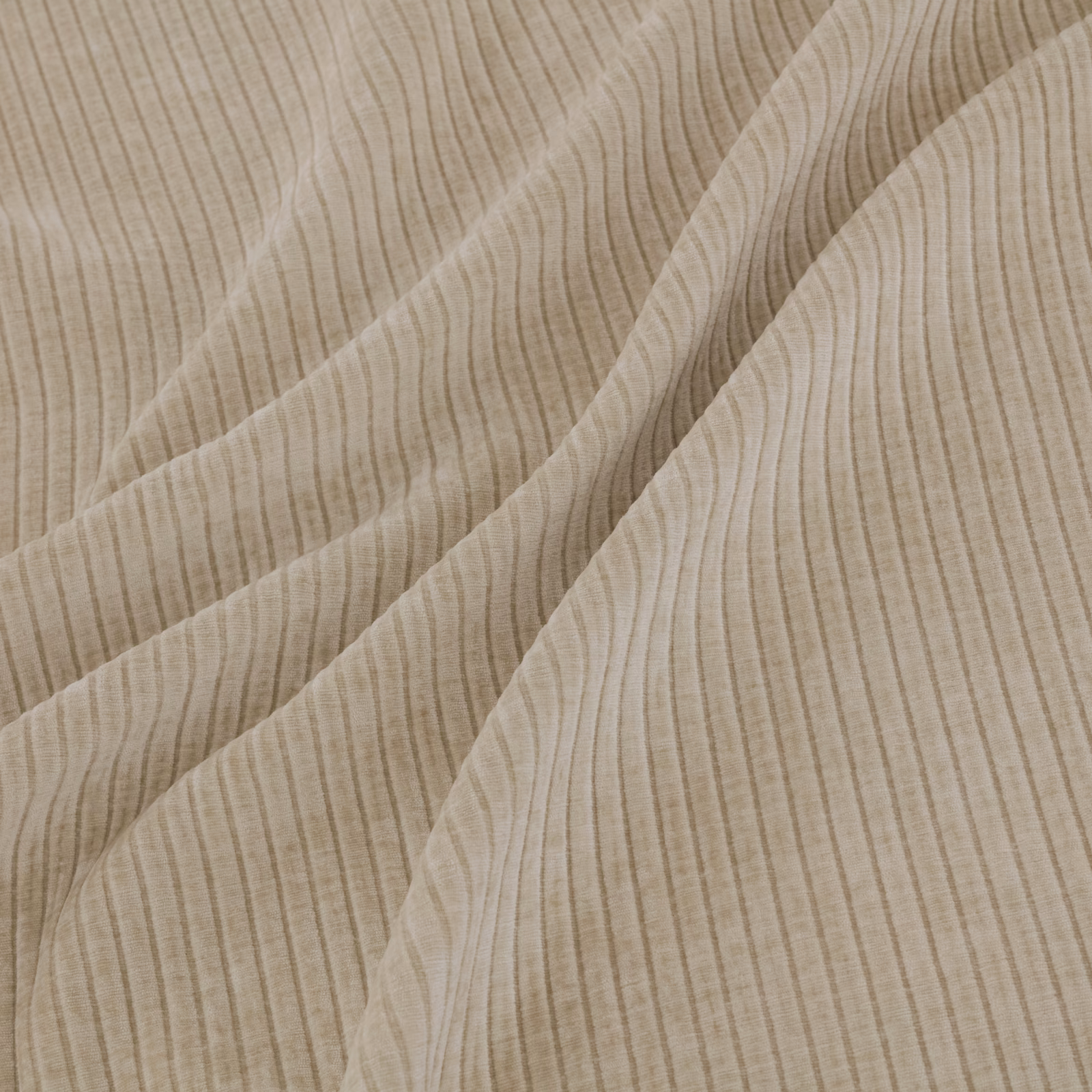 Warm taupe linen-look weave with fine vertical slubs and sweeping tonal bands