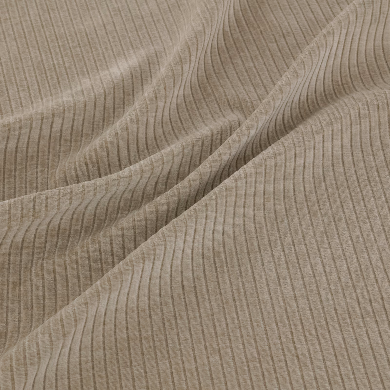 Warm taupe fabric with fine vertical ripples and softly folded texture