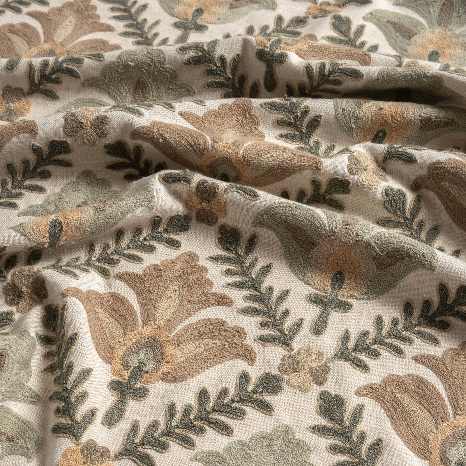 Ivory botanical fabric with muted sage foliage, taupe flowers and raised textured motifs