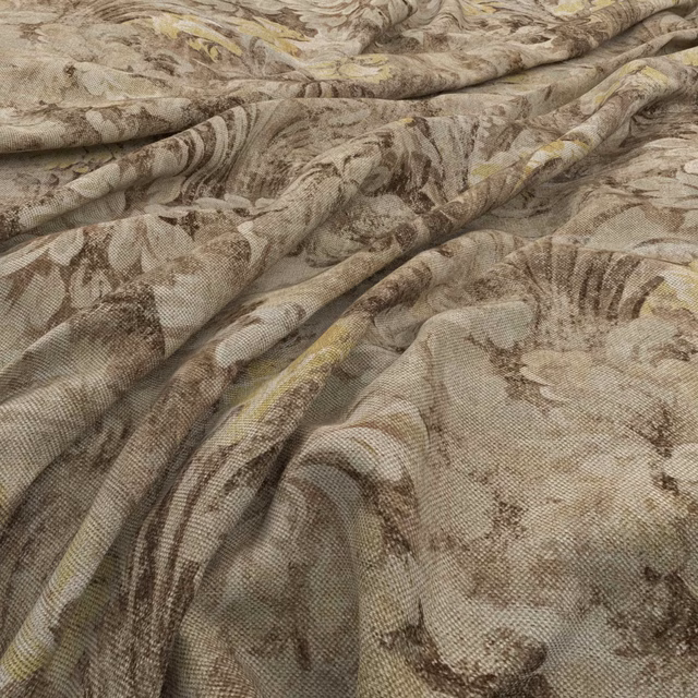 Sepia taupe fabric with swirling brown motifs, olive accents and textured woven surface