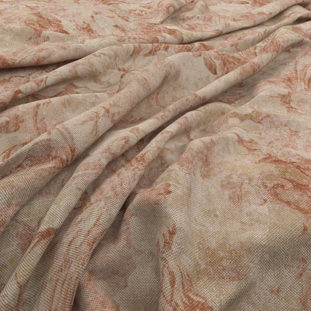 Stone-beige woven textile with faded sienna botanical brushwork and softly folded texture