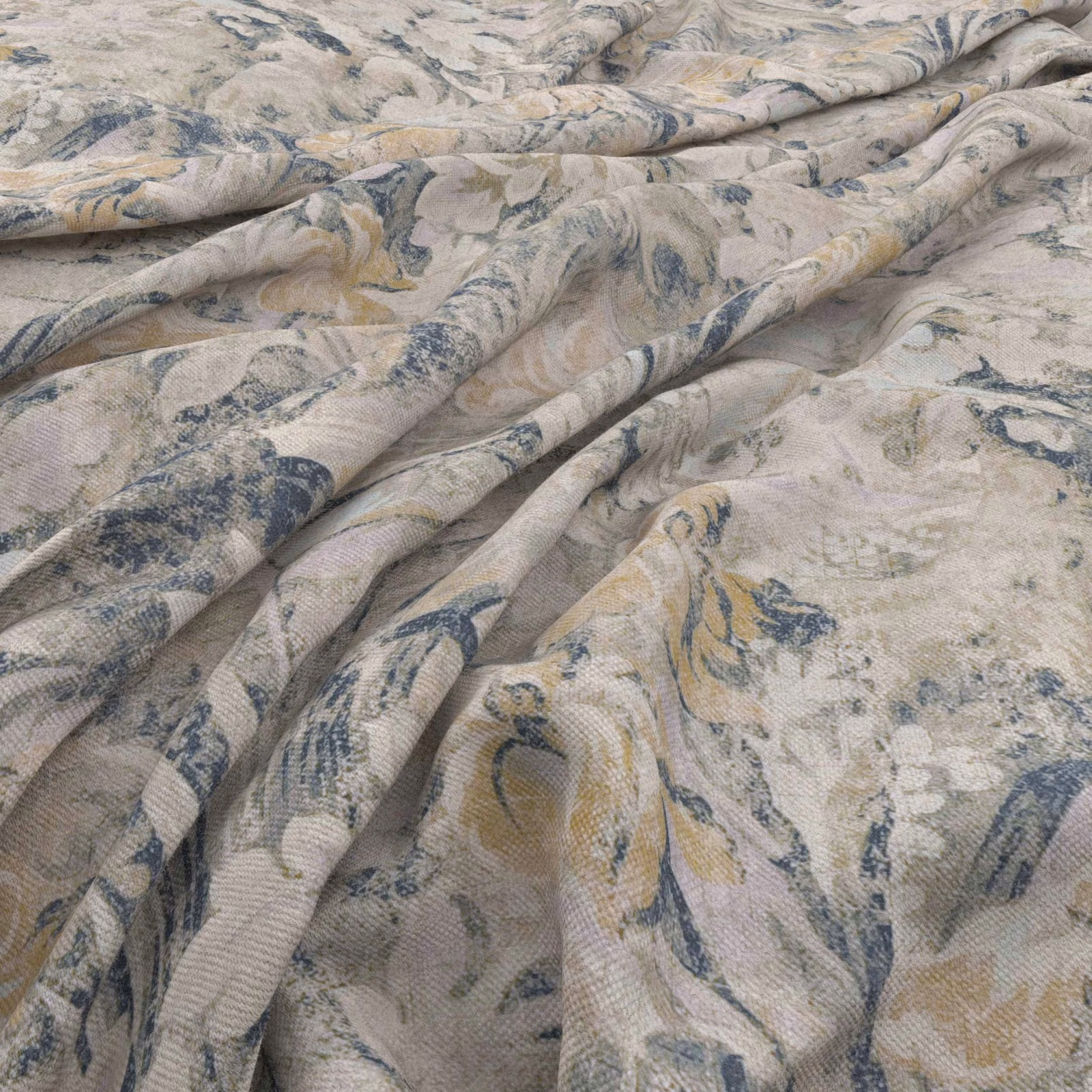 Pale stone woven fabric with blue-grey, taupe and ochre painterly botanical motifs