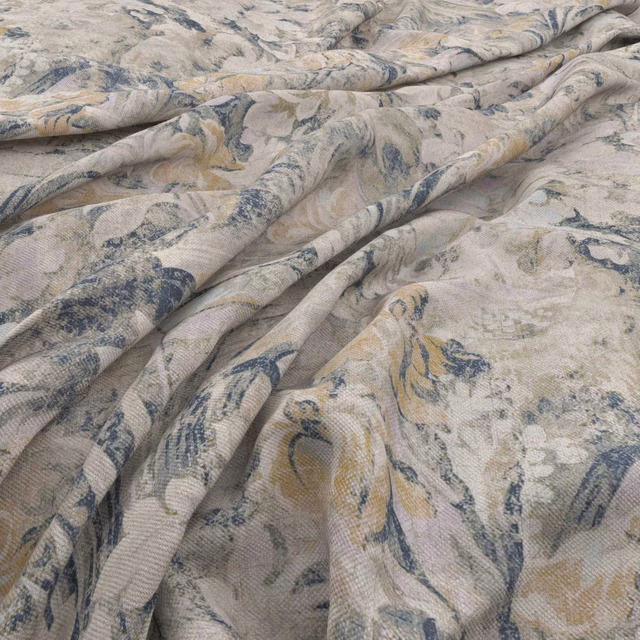 Pale stone woven fabric with blue-grey, taupe and ochre painterly botanical motifs