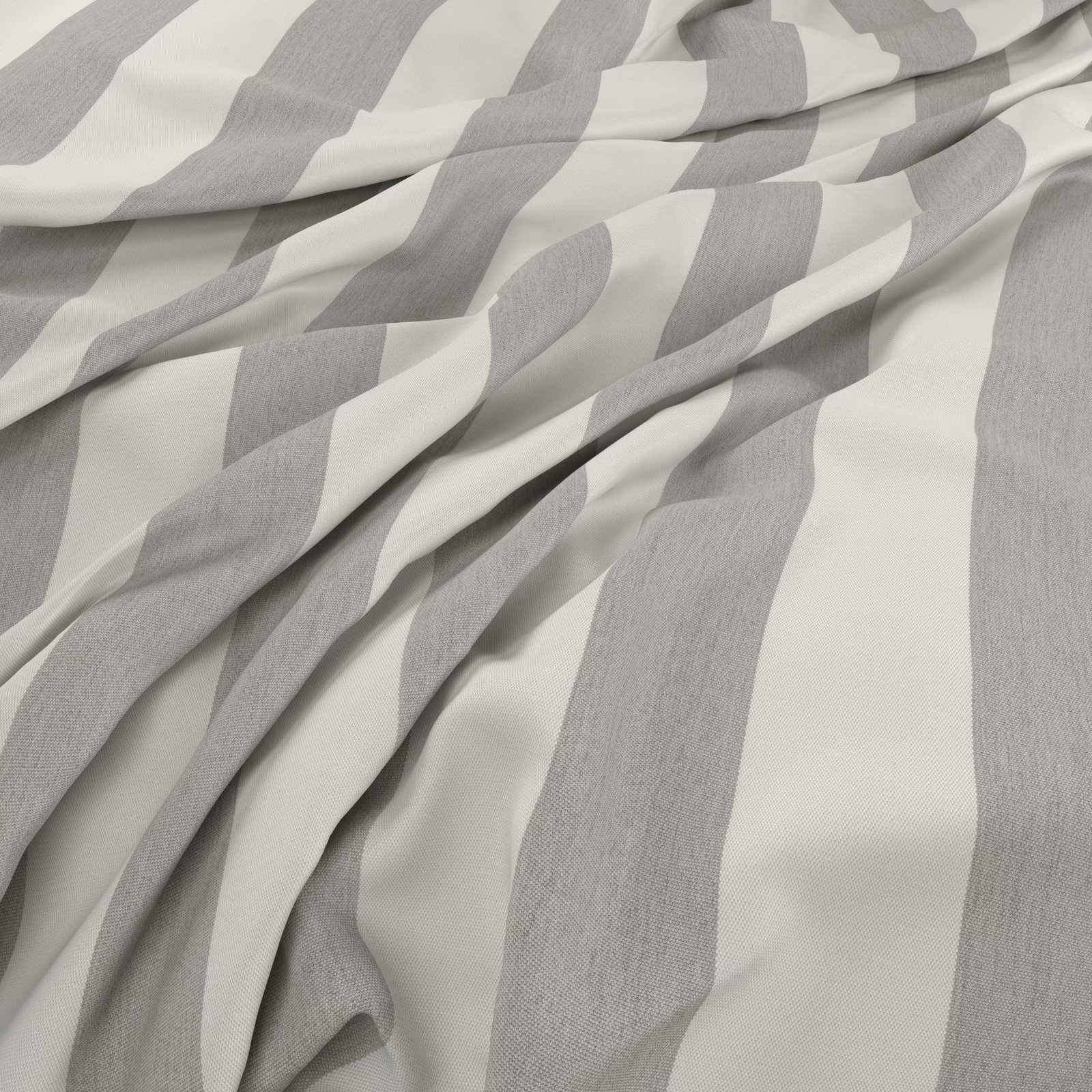 Draped Raya Cloud fabric with broad soft grey and ivory woven stripes