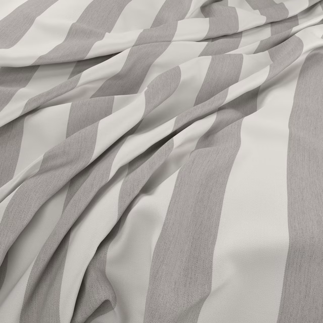 Draped Raya Cloud fabric with broad soft grey and ivory woven stripes
