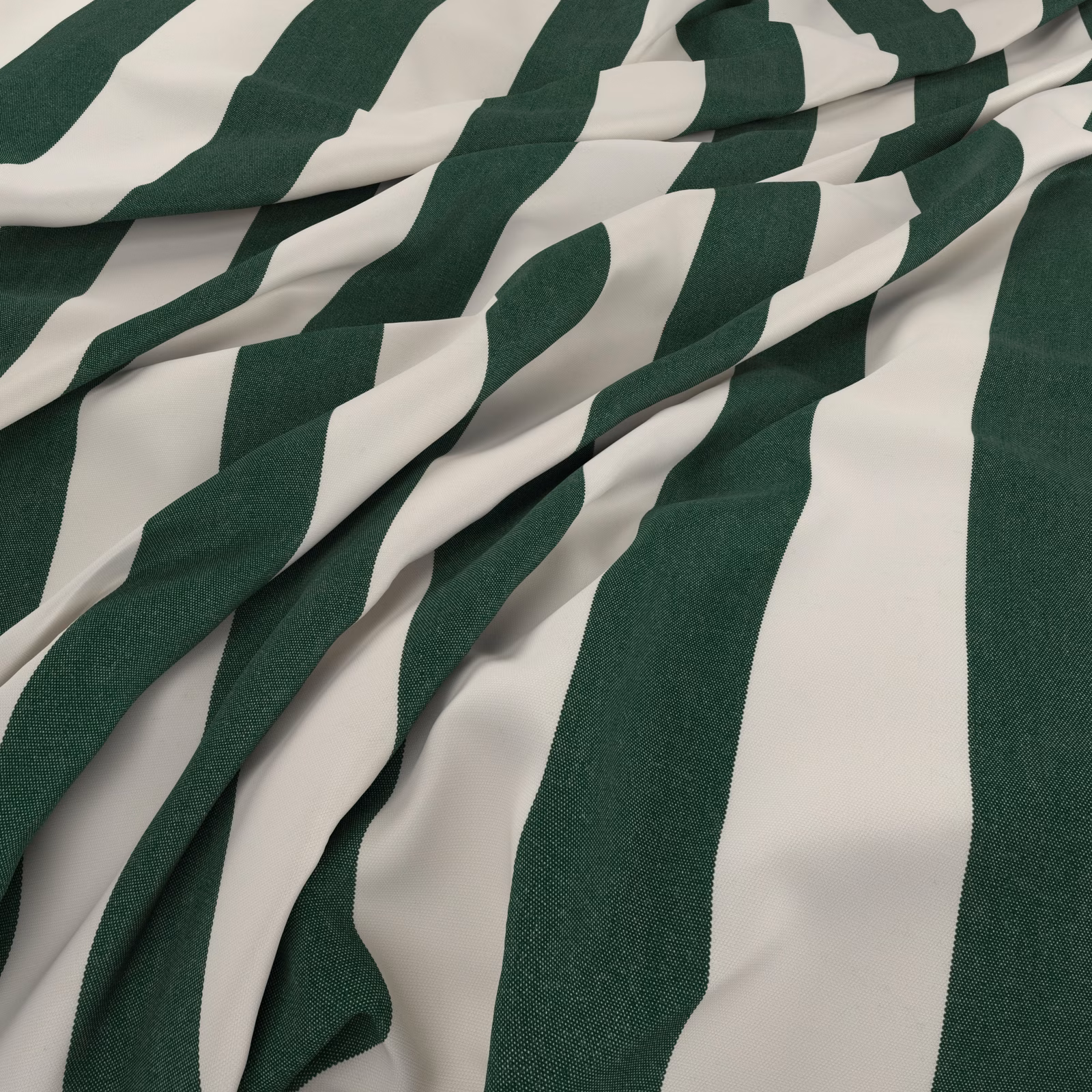 Deep evergreen and ivory irregular stripe fabric with a softly textured woven surface