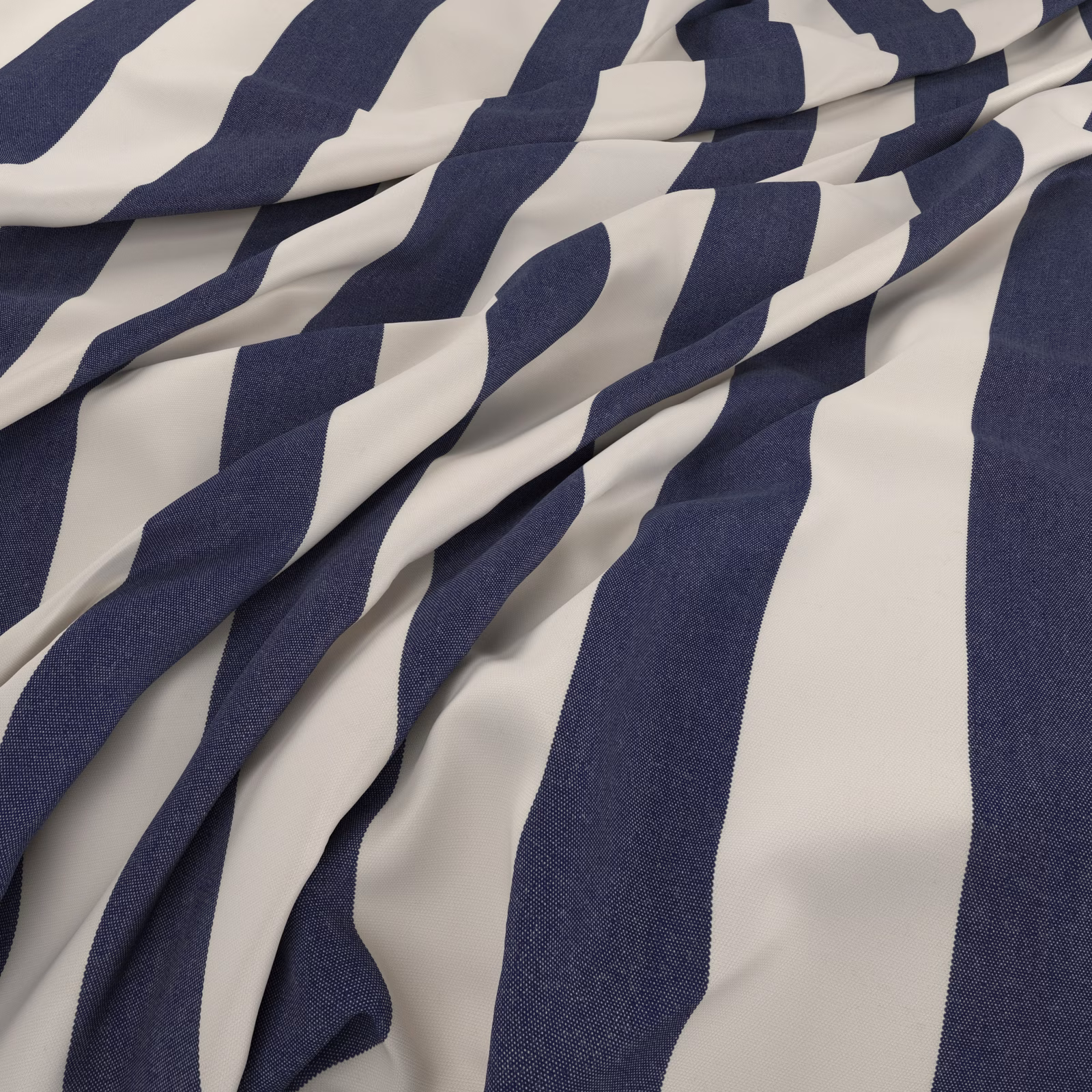 Deep marine-blue irregular stripes over ivory fabric, gathered to show a fine woven texture