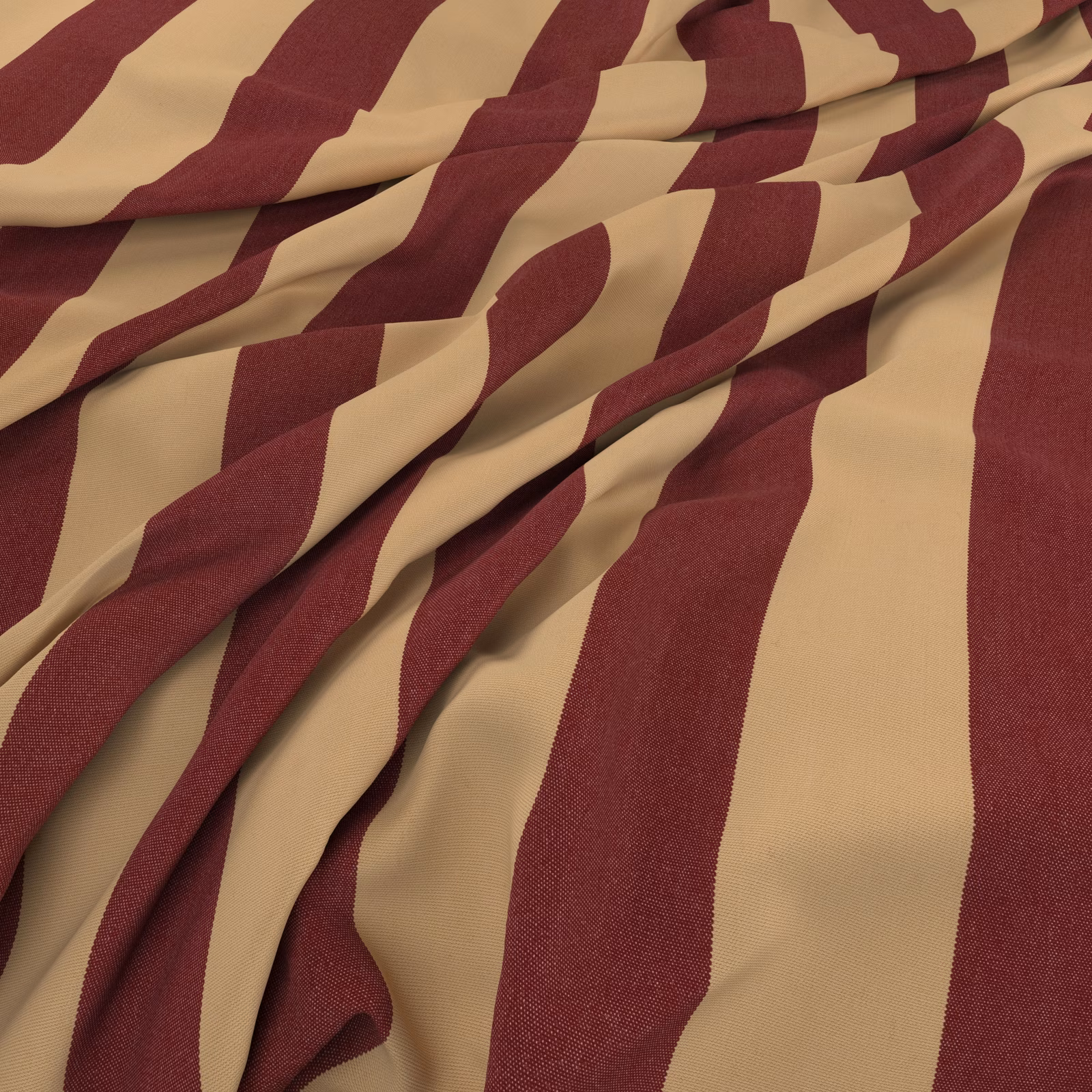 Warm oat and burgundy irregular stripes ripple across a fine woven cloth
