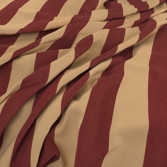 Warm oat and burgundy irregular stripes ripple across a fine woven cloth