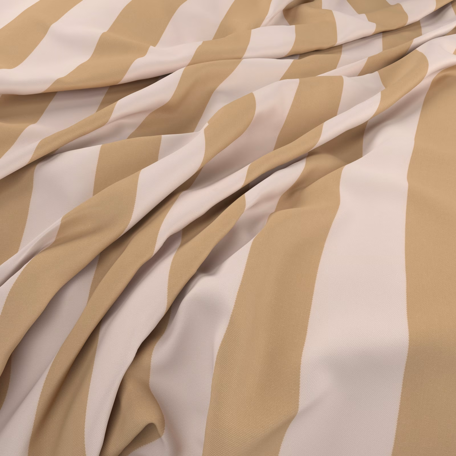 Warm sand and ivory irregular stripes folding across a smooth, fluid drapery fabric