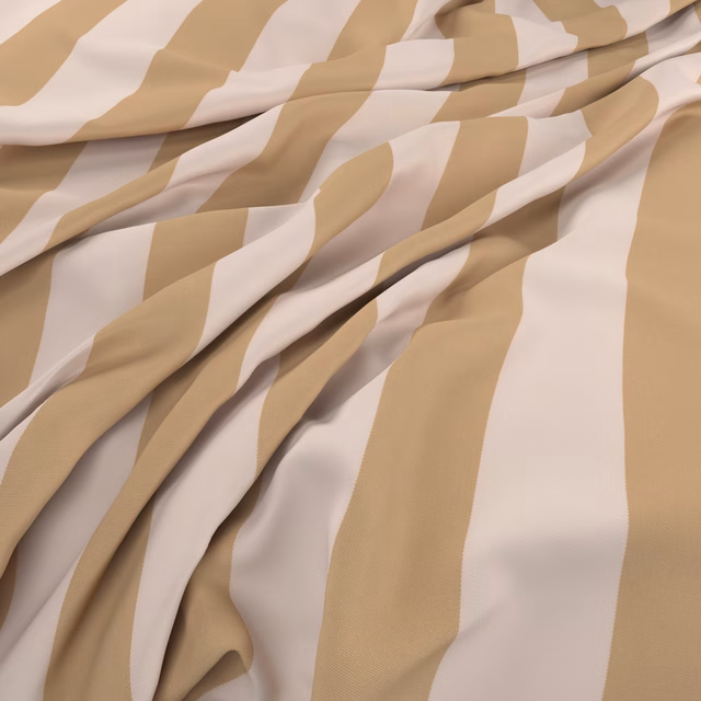 Warm sand and ivory irregular stripes folding across a smooth, fluid drapery fabric