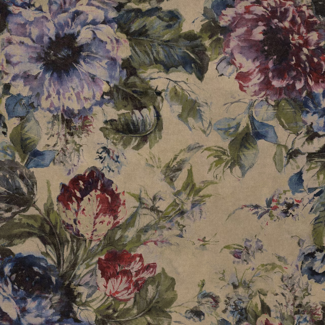 Painterly floral fabric on a warm cream ground with blue, burgundy and green blooms