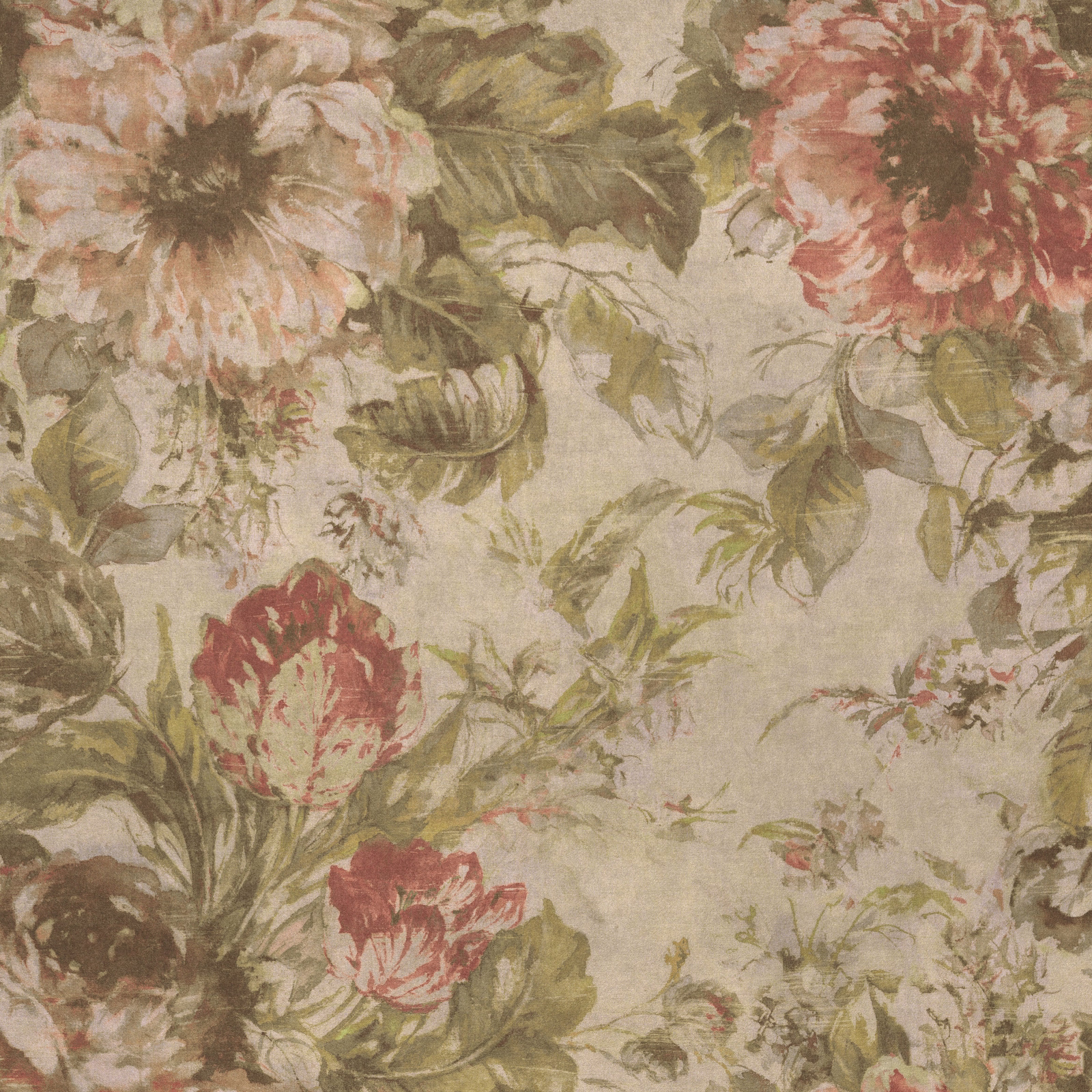 Painterly floral fabric in dove grey with olive leaves and blush-red blooms