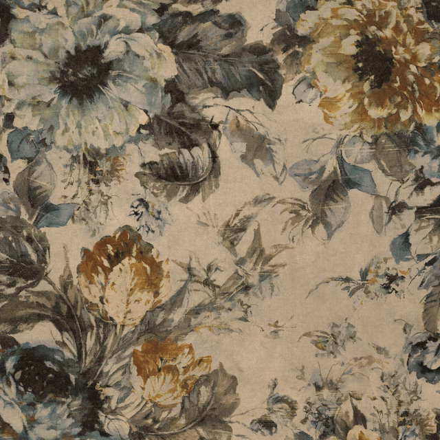 Painterly large-scale floral fabric in warm ochre, teal and charcoal tones