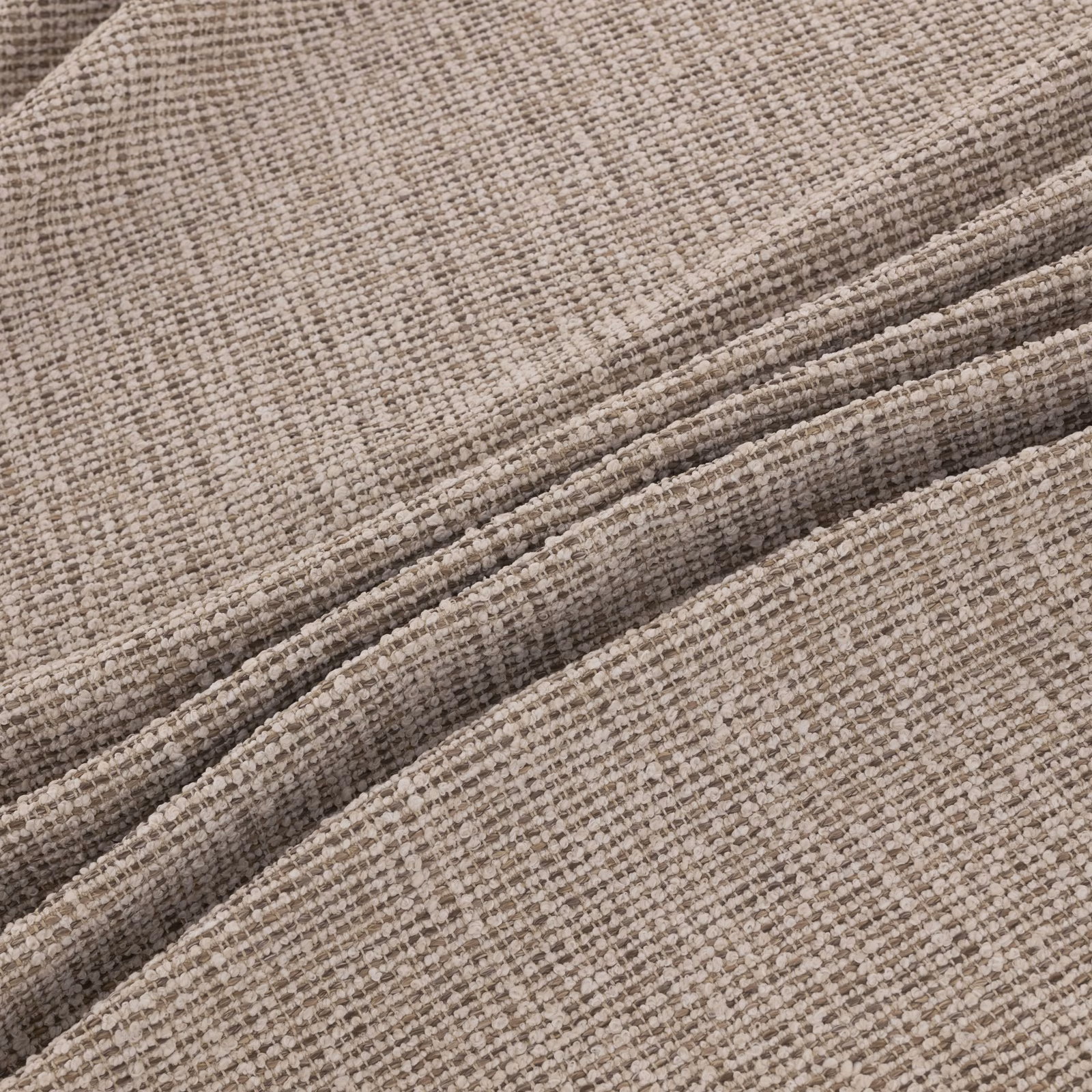 Warm taupe Rimini Husk fabric showing a dense crosshatched weave in folded layers