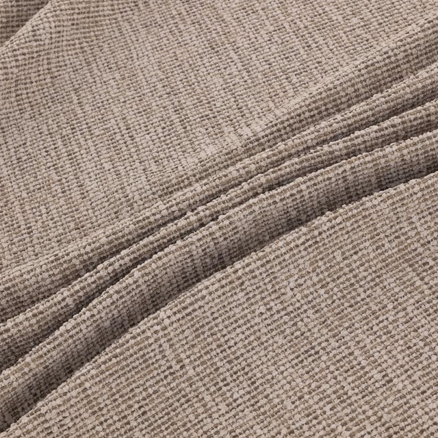 Warm taupe Rimini Husk fabric showing a dense crosshatched weave in folded layers