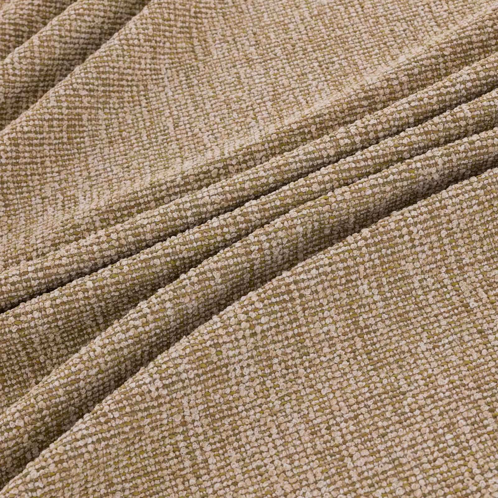 Muted olive-taupe nubby weave with pale flecks and folded textured ridges