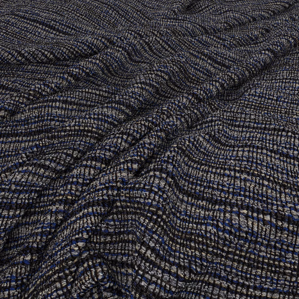 Ink-blue and charcoal rippled weave with pale flecks and crinkled texture
