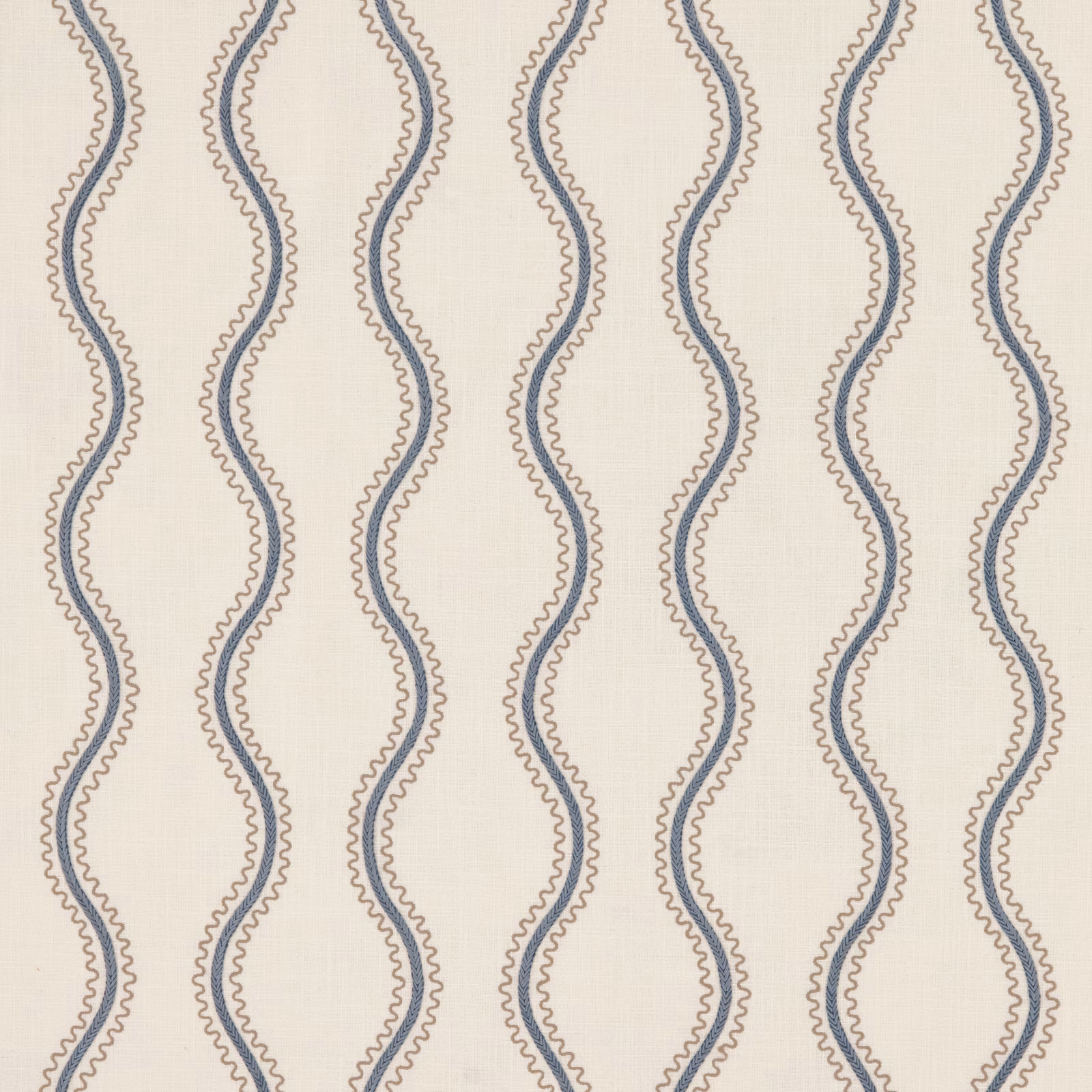 Warm ivory fabric with blue-grey and taupe scalloped vertical waves