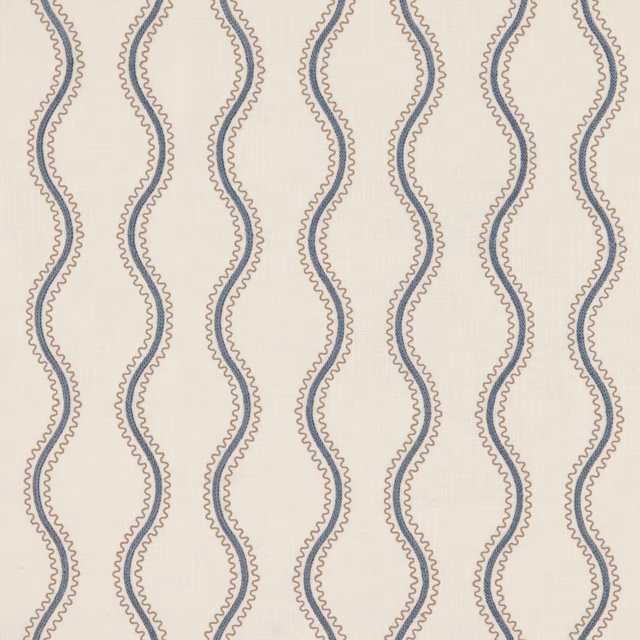 Warm ivory fabric with blue-grey and taupe scalloped vertical waves