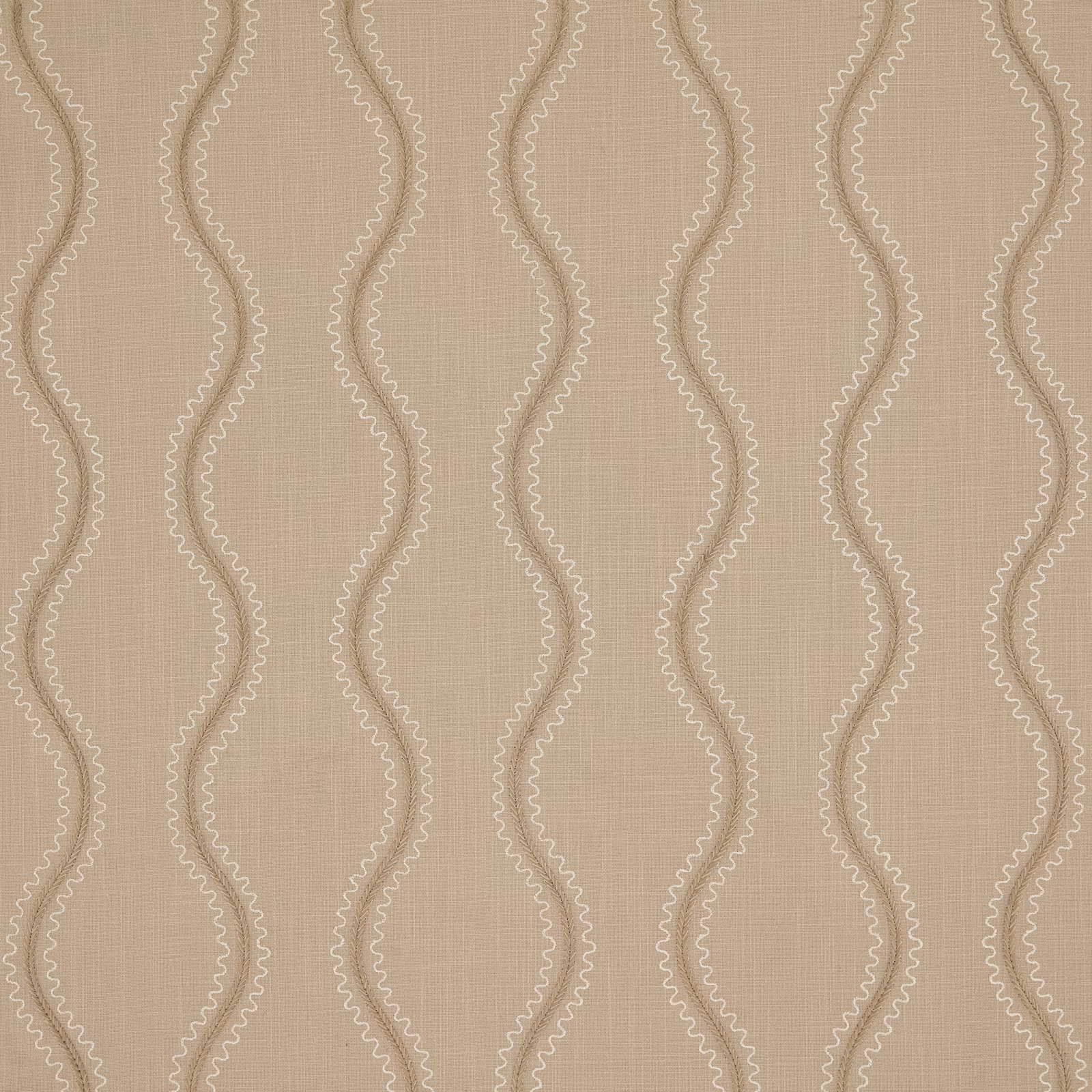 Muted taupe-beige fabric with pale cream scalloped waves in vertical repeats
