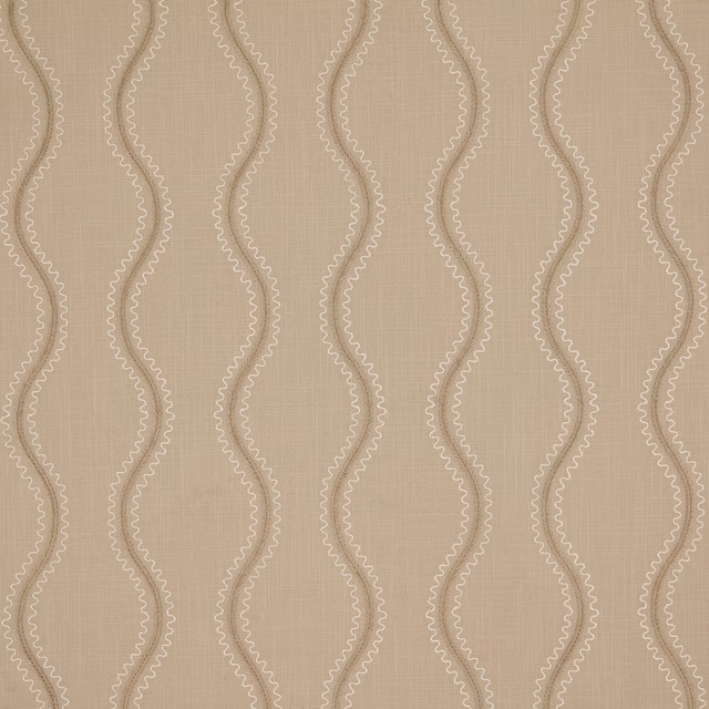 Muted taupe-beige fabric with pale cream scalloped waves in vertical repeats