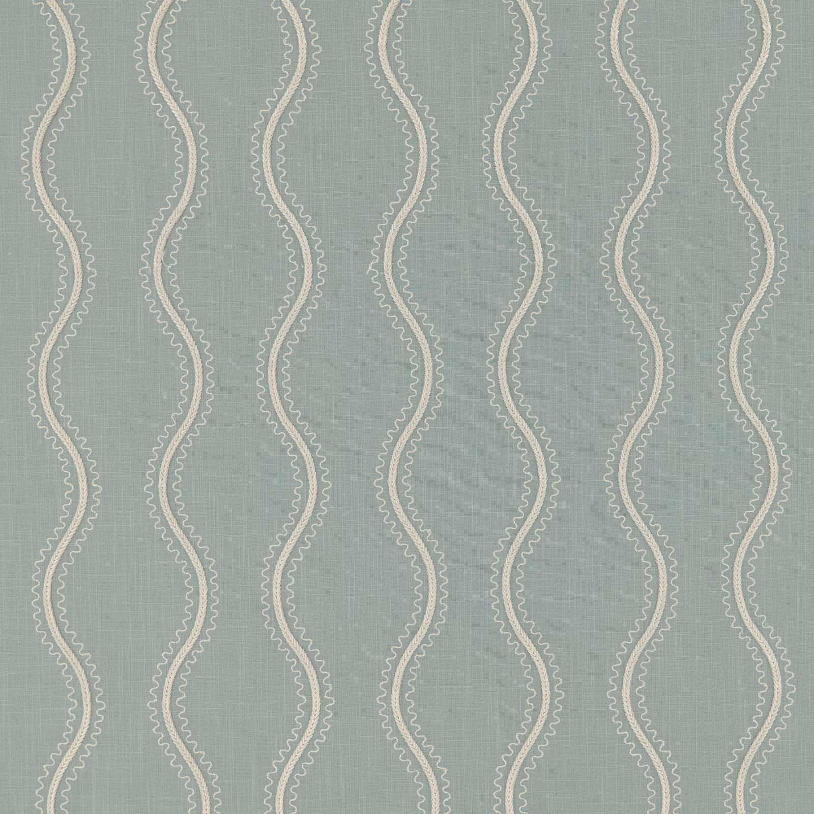 Muted blue-grey fabric with cream wavy vertical lines and fine looped edging