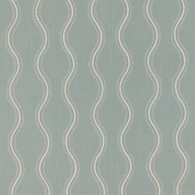 Muted blue-grey fabric with cream wavy vertical lines and fine looped edging