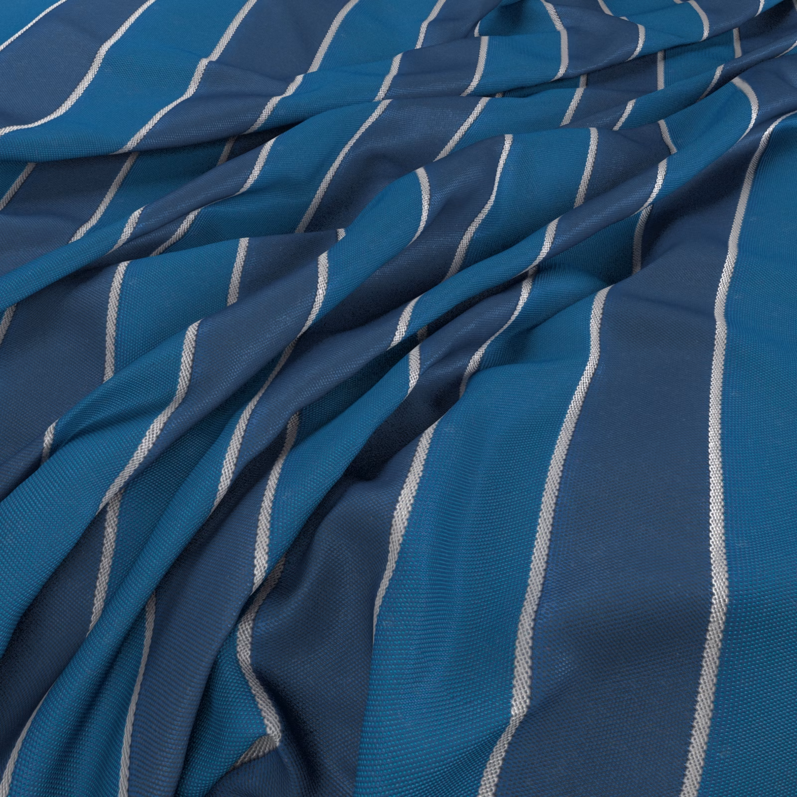 Deep azure woven fabric with fine ivory vertical stripes gathered into soft folds