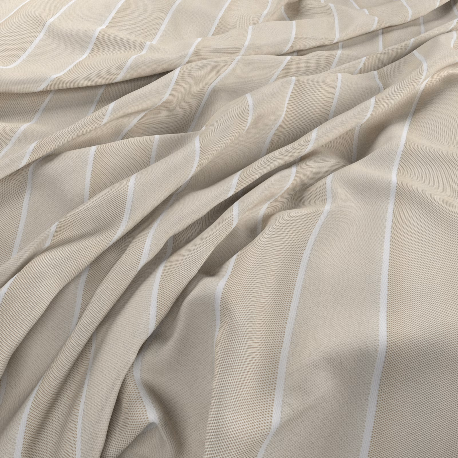 Sand-beige striped fabric with fine white lines gathered into soft flowing folds