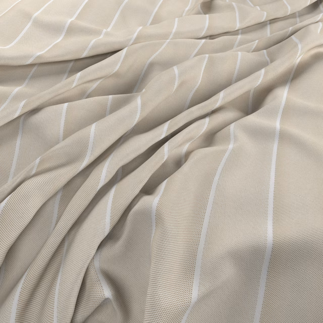 Sand-beige striped fabric with fine white lines gathered into soft flowing folds