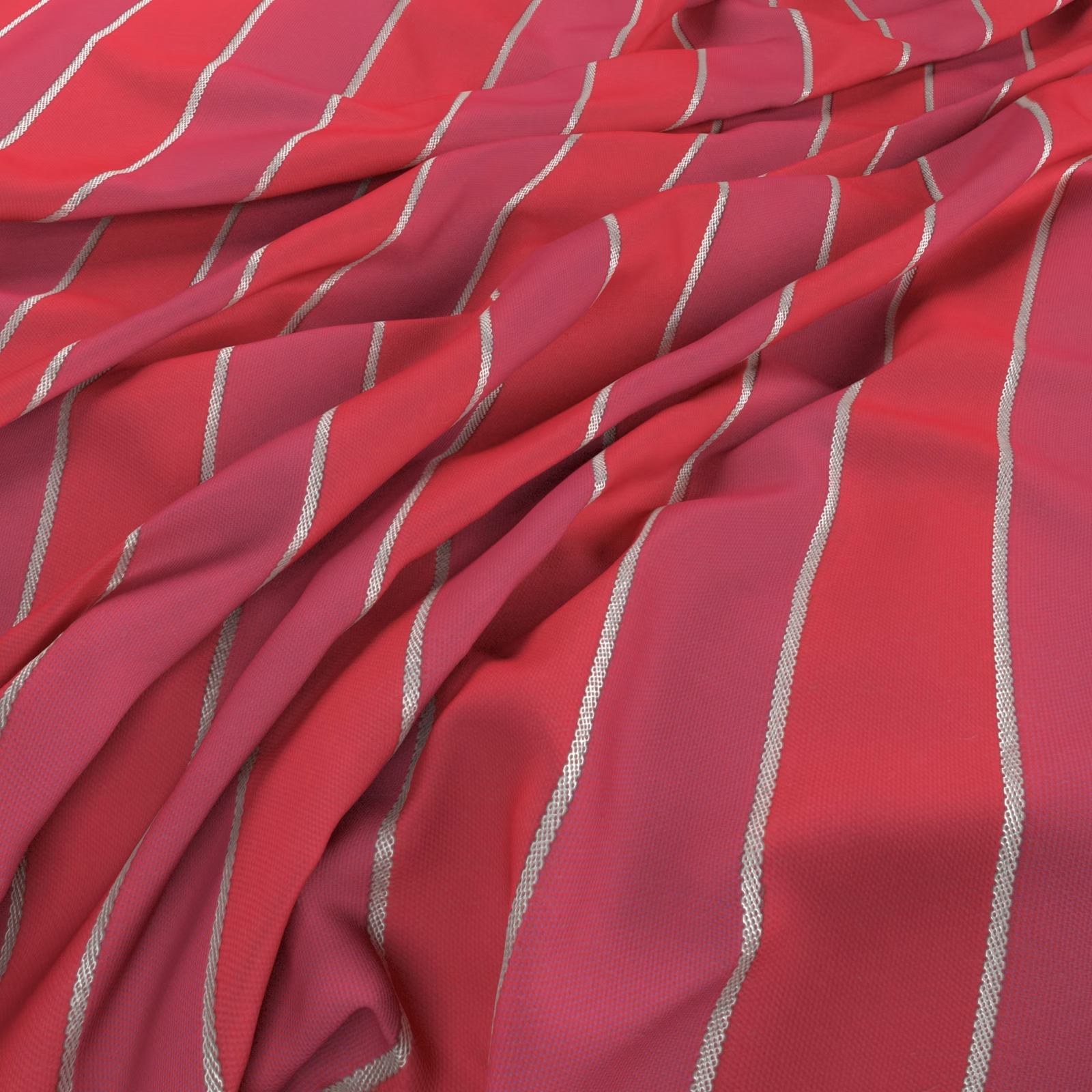 Saturated hot pink fabric with narrow pale silver wavy stripes in soft folds
