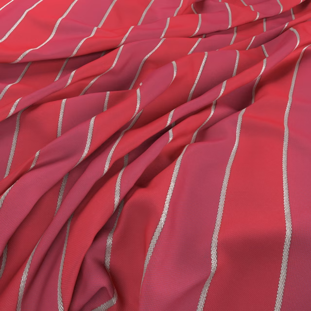 Saturated hot pink fabric with narrow pale silver wavy stripes in soft folds