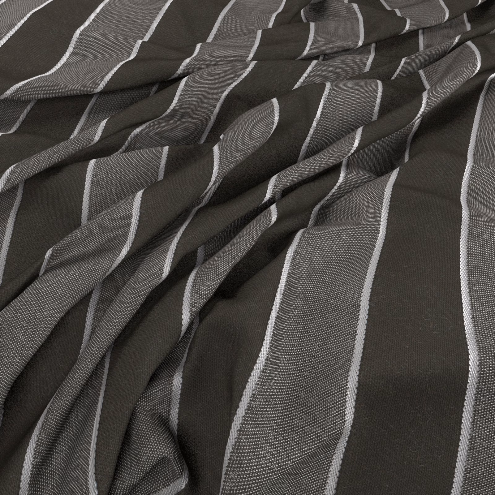 Charcoal-brown woven fabric with irregular pale vertical stripes in soft gathered folds