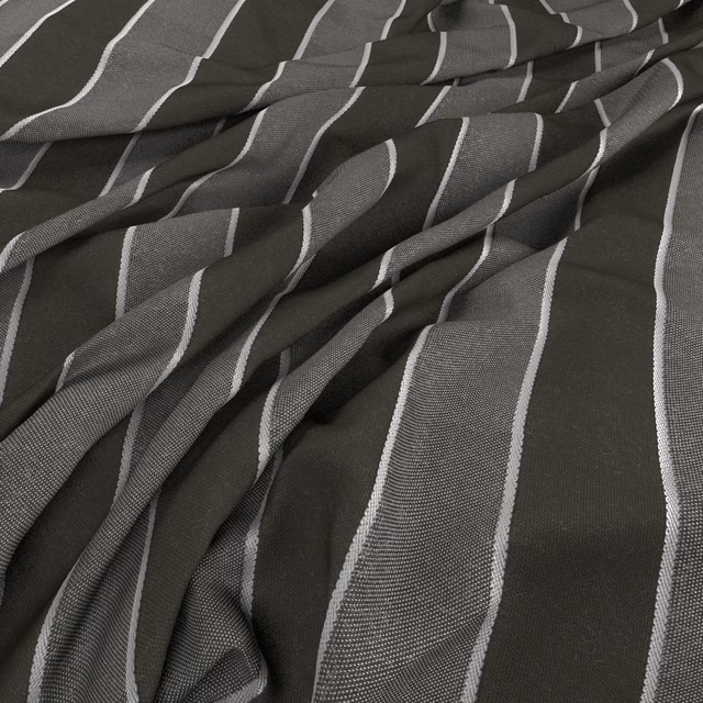 Charcoal-brown woven fabric with irregular pale vertical stripes in soft gathered folds