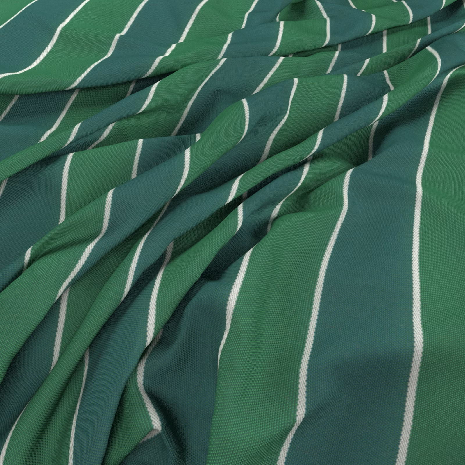 Emerald green woven fabric with narrow ivory vertical stripes in gathered folds