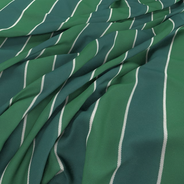Emerald green woven fabric with narrow ivory vertical stripes in gathered folds