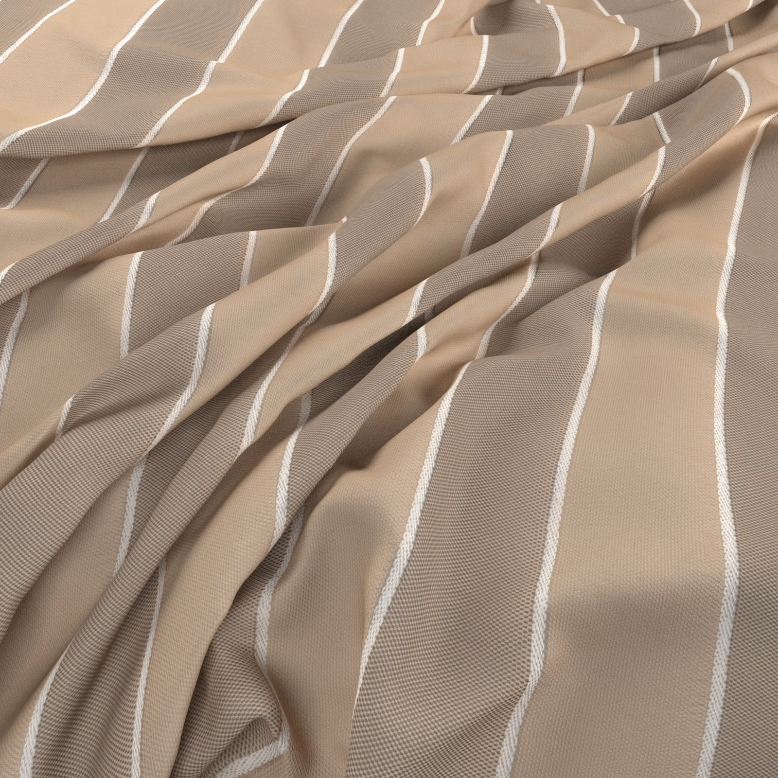 Warm sandal-taupe woven fabric with narrow white stripes in fluid folds