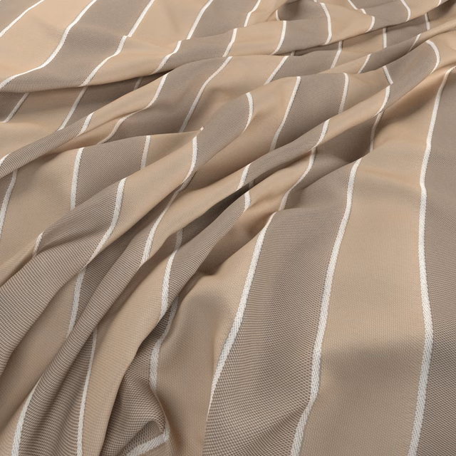 Warm sandal-taupe woven fabric with narrow white stripes in fluid folds