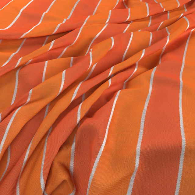 Vivid tangerine fabric with pale irregular stripes gathered into soft folds