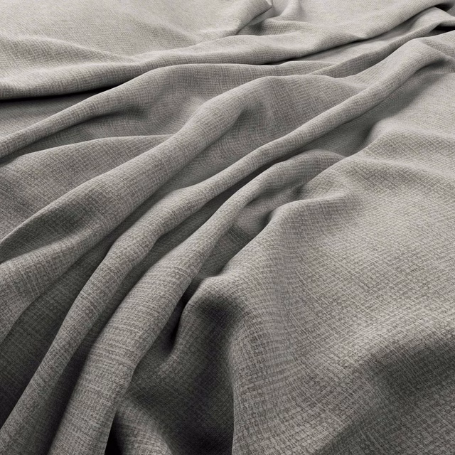 Soft stone-grey Roche fabric showing a fine crosshatched weave in gathered folds