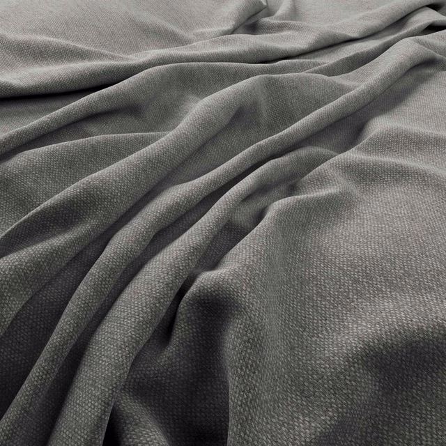 Cool storm-grey woven fabric with fine texture and soft, deep draped folds
