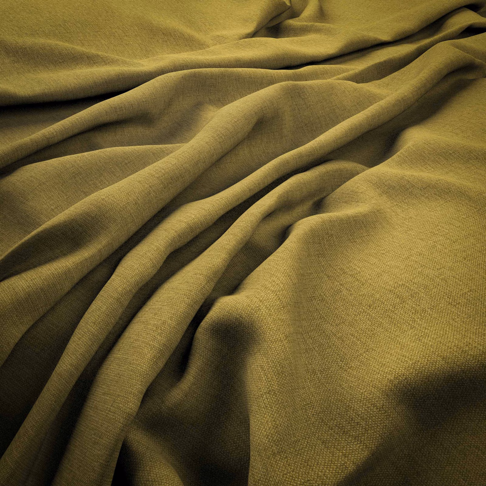 Olive-citrus woven fabric gathered into deep, softly shaded flowing folds