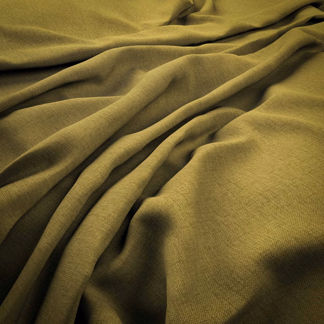 Olive-citrus woven fabric gathered into deep, softly shaded flowing folds