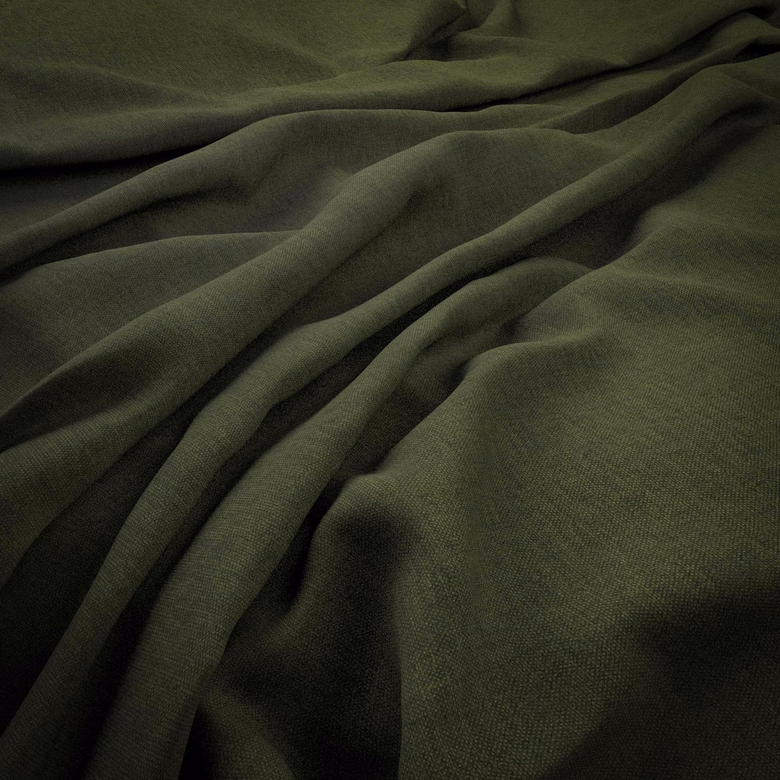 Deep olive-green plain fabric gathered into softly lit, fluid folds