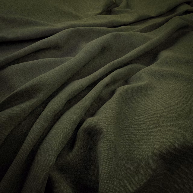 Deep olive-green plain fabric gathered into softly lit, fluid folds