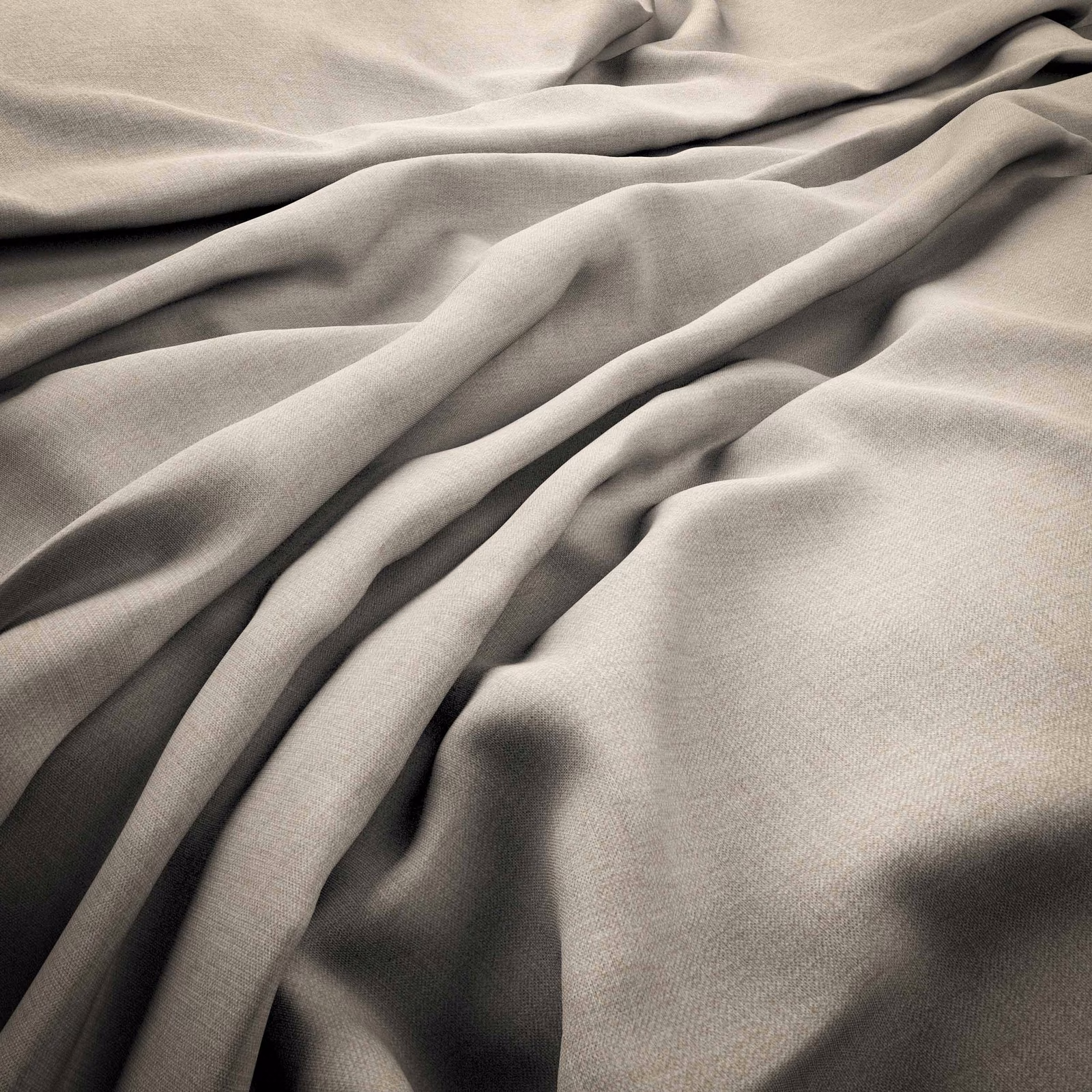 Warm ecru-grey finely woven fabric gathered into soft fluid folds with subtle tonal shading