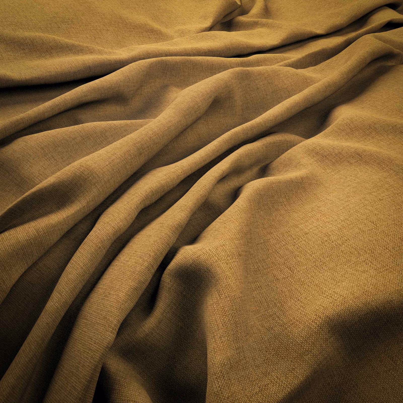 Warm ochre-gold plain weave cloth gathered into deep, fluid folds