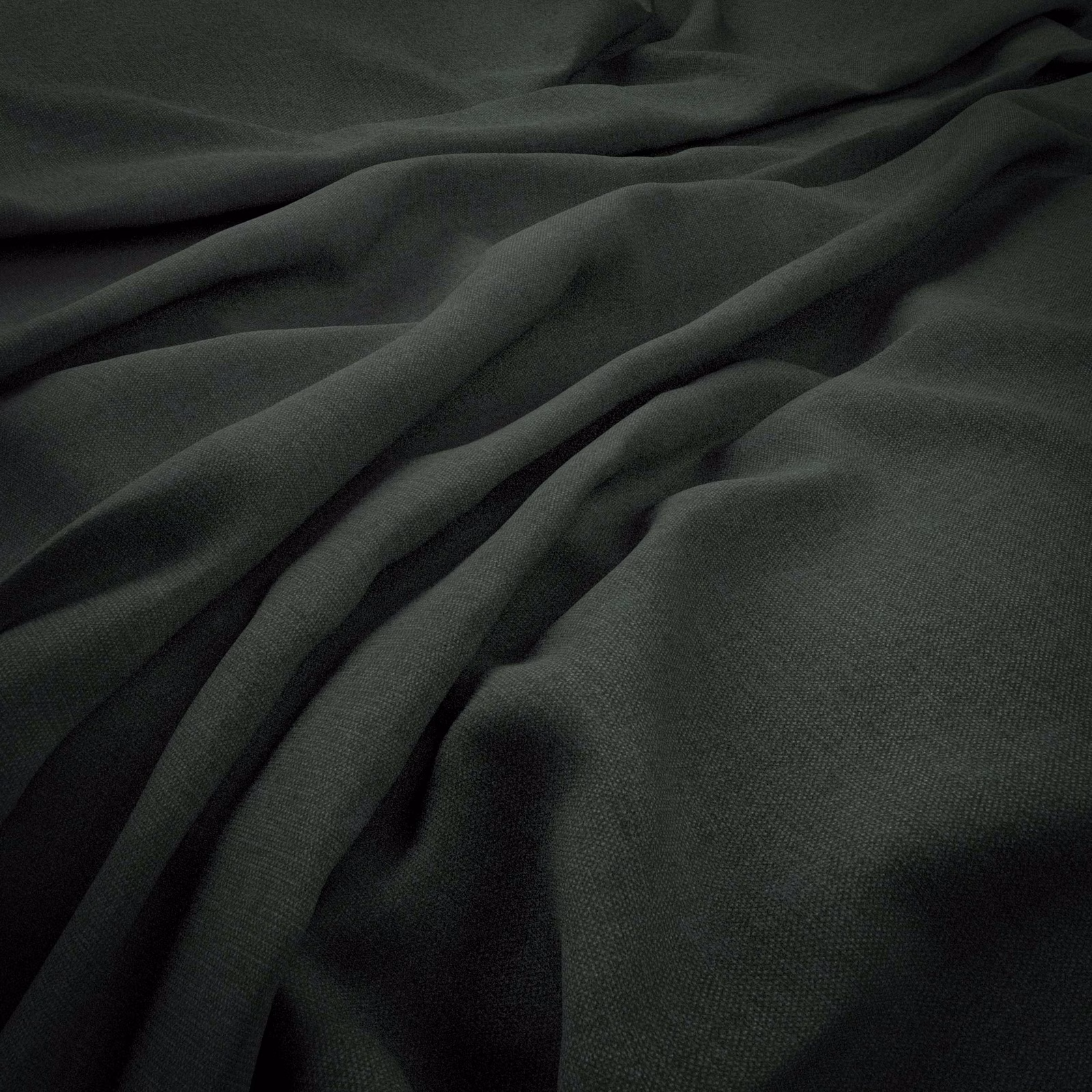 Near-black forest-green fabric with a fine weave draped in deep flowing folds